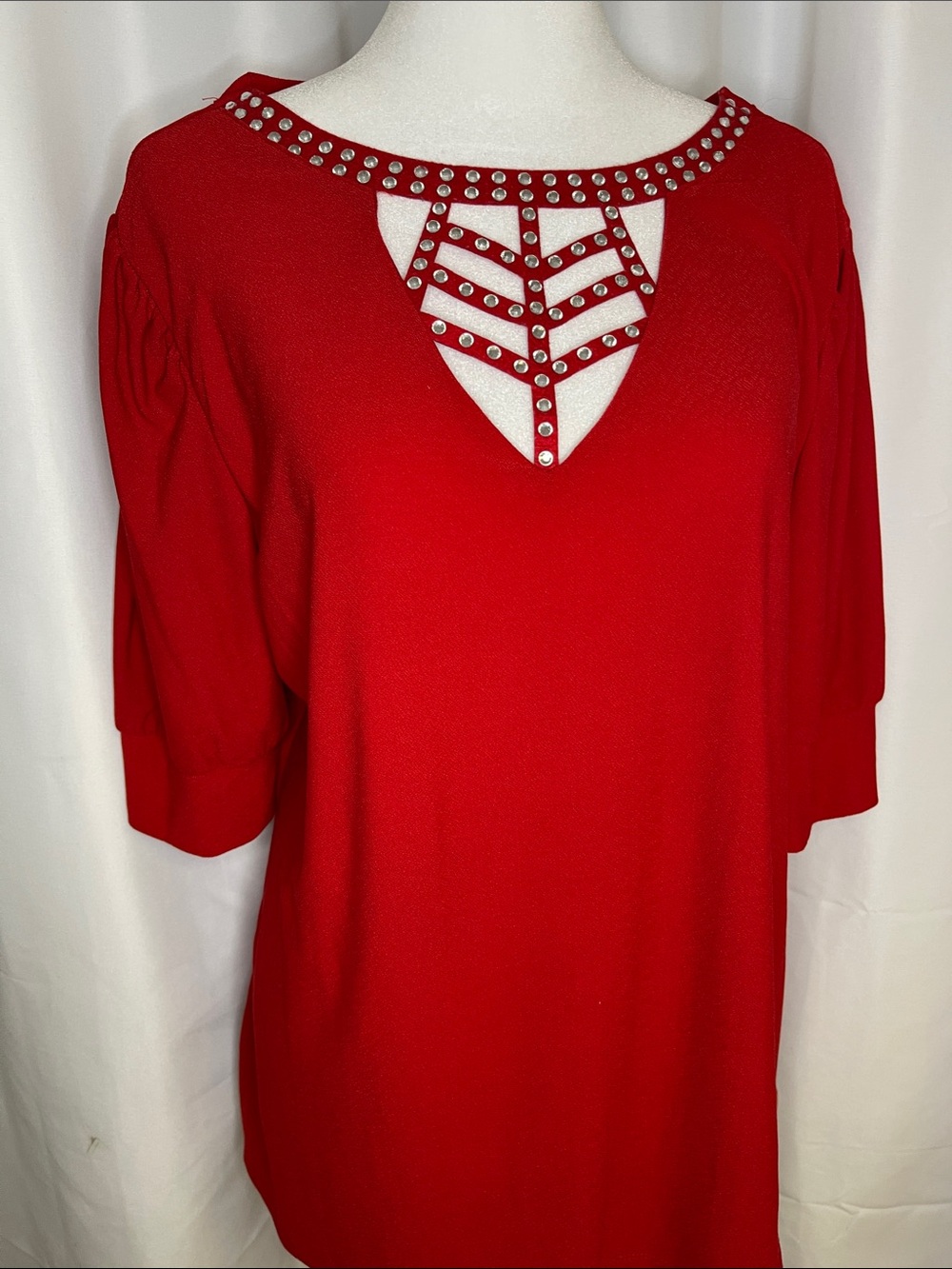 Red Stud-Trim Tunic Top with Cutout Detail